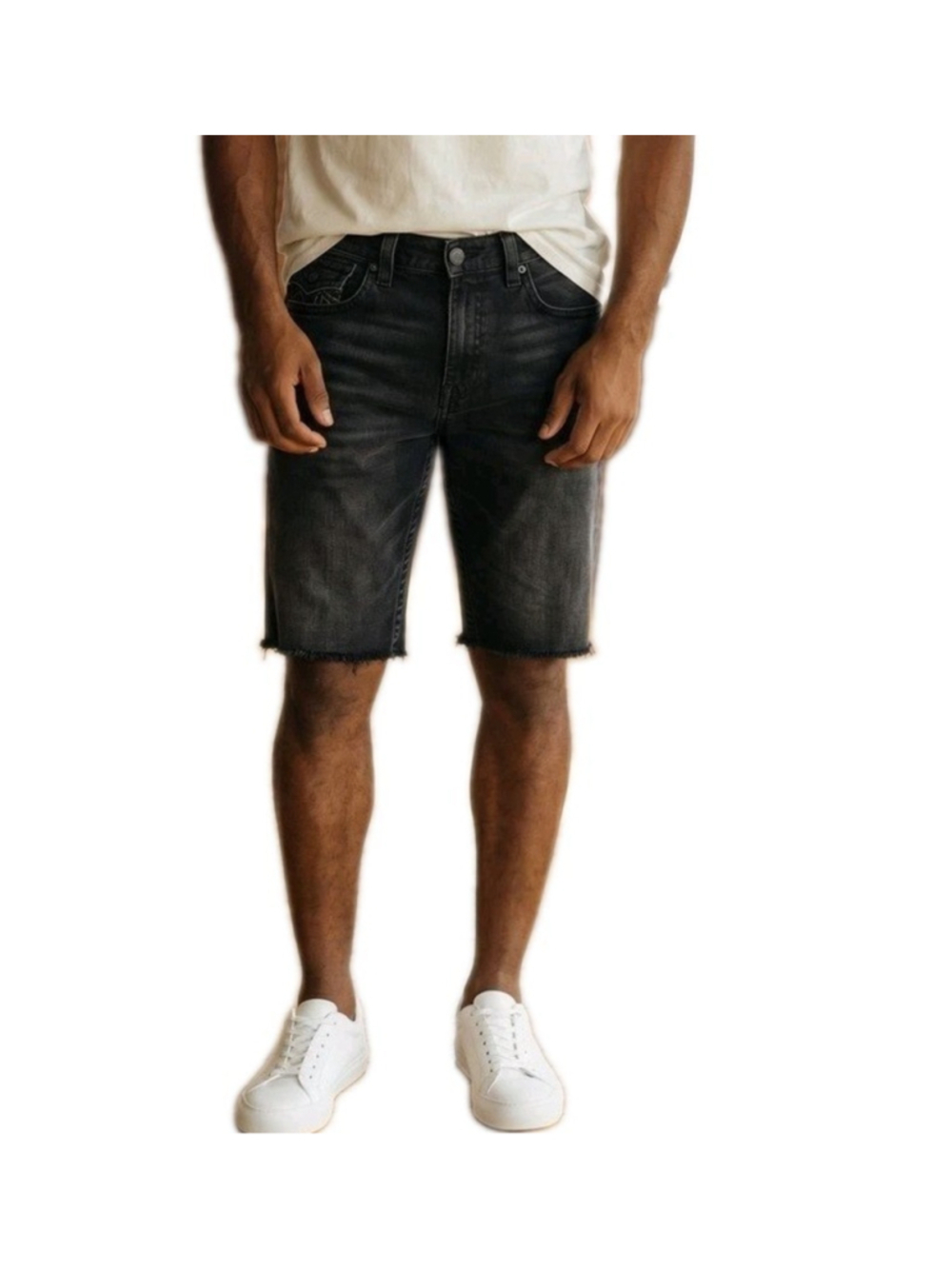 True Religion Jeans Men Flap Pockets Cut-Off Black Fray Shorts Size 34 Inseam 15
